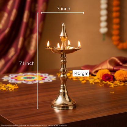 Pure Brass Kerala Panch Jyoti Diya | 5 Wick Puja Lamp | 140 gm